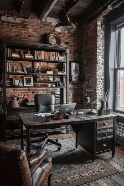 Modern Industrial Interior, Office Desk Designs, Industrial Home Design, Industrial Interior Design, Home Office Setup, Industrial House, Pole Barn, Desk Design, Office Interior Design