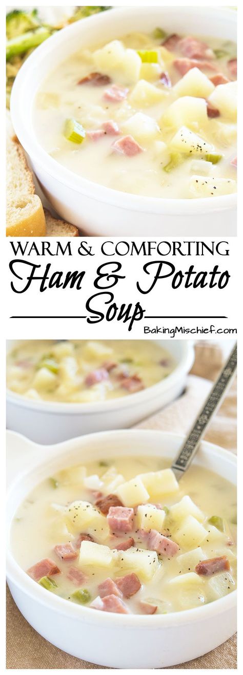 Easy and Comforting Ham and Potato Soup - Pure comfort food in a bowl. Easy, fast, and low-calorie, this is one of my favorite busy weeknight meals. Recipe includes nutritional information and make-ahead instructions. From BakingMischief.com Busy Weeknight Meals, Healthy Ham, Ham And Potato Soup, Recipes Potato, Ham Potato, Drink Party, Ham Soup, Potato Soup Recipe, Perfect Dinner