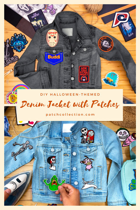 Transform your toddler's denim jacket into a spooktacular Halloween fashion statement! Discover creative DIY ideas with iron-on patches in this blog post. Get inspired for a fun and festive Halloween look for your little one. 🎃👻 #DIYHalloween #ToddlerFashion #HalloweenPatches Diy Patch Denim Jacket, Jean Jacket Patches Ideas, Denim Patches Diy, Denim Jacket With Patches, Jean Jacket Diy, Halloween Jacket, Jacket With Patches, Jean Jacket Patches, Patch Collection