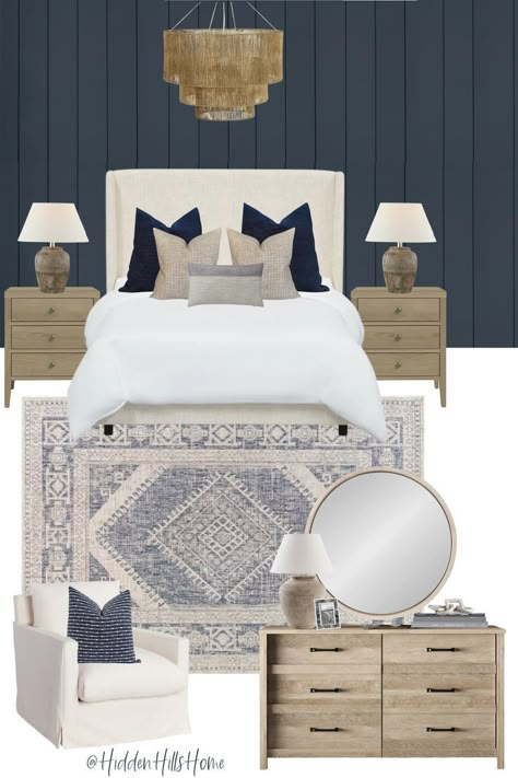 Blue Shiplap, Navy Accent Wall, Navy Bedrooms, Blue Bedroom Walls, Blue Bedroom Decor, Accent Wall Bedroom, Bedrooms Decor, Bedroom Headboard, Concept Board