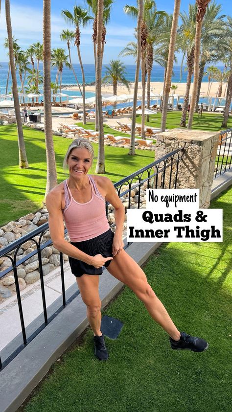 deliciouslyfitnhealthy on Instagram: Save this for trips when you don’t have equipment! Quads and inner thigh was a clear winner on my poll for what bodyweight workout to film… Slim Quads Workout, Quick Easy Workouts, Quad Workout, Body Weight Workout Plan, Mom Fitness, Thigh Workout, Couple Friends, Leg Workouts, Leg Exercises