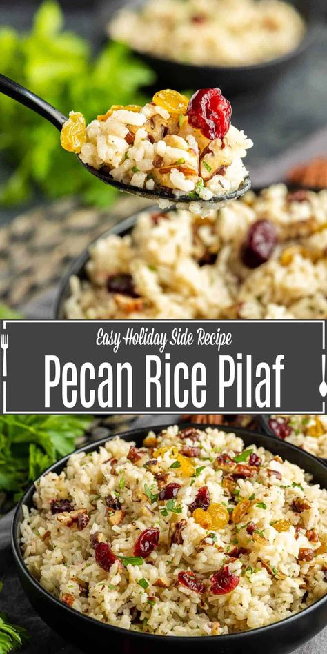 This Pecan Rice Pilaf recipe is an easy Thanksgiving side dish made with flavorful rice and buttery toasted pecans. A simple rice pilaf recipe for fall. This is an easy side dish for busy weeknights or a simple addition to Thanksgiving dinner. Pecan Rice, Broth Rice, Easy Rice Pilaf, Flavorful Rice, Easy Holiday Side Dishes, Rice Pilaf Recipe, Pilaf Recipe, Thanksgiving Side Dishes Easy, Pilaf Recipes