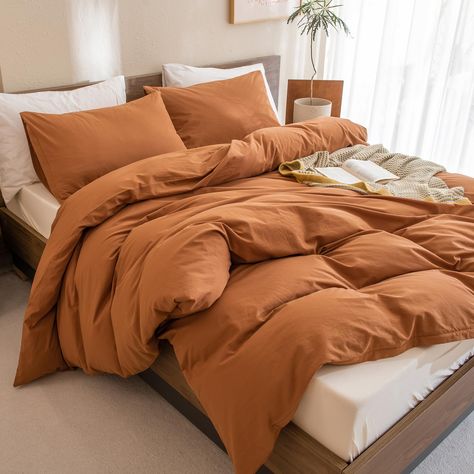 PRICES MAY VARY. 【Cotton Queen Comforter Set Includes】1 solid pumkin color bedding comforter (90''×90''), 2 matching pillowcases (20''×30''). 【100% Premium Cotton Material】 This solid color comforter set is covered by cotton material and filled with whole-piece superior microfiber. Very soft, comfortable, breathable and durable, providing exceptional warmth. Our terracotta bedding comforter set is washed for lived-in softness and naturally wrinkled texture, which is more softer after washing. ke Terracotta Color Bed, Burnt Orange Bedding, Terracotta Bedding, Orange Comforter, Color Bedding, Queen Size Comforter Sets, Colorful Comforter, Orange Bedding, Queen Size Comforter