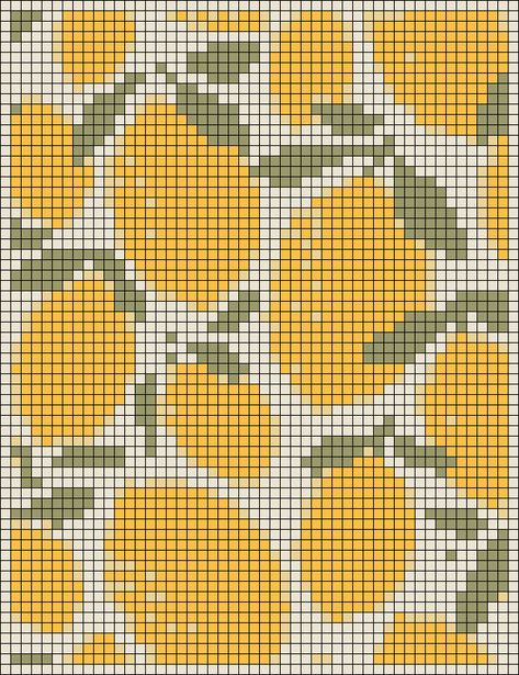 Crochet Print Pattern, Lemon Tapestry Crochet, Floral Grid Pattern, Crochet Graph Design, Knitted Tapestry Pattern, Lemon Alpha Pattern, Cottage Core Alpha Pattern, Grid Pattern Art, Lemon Pixel Art