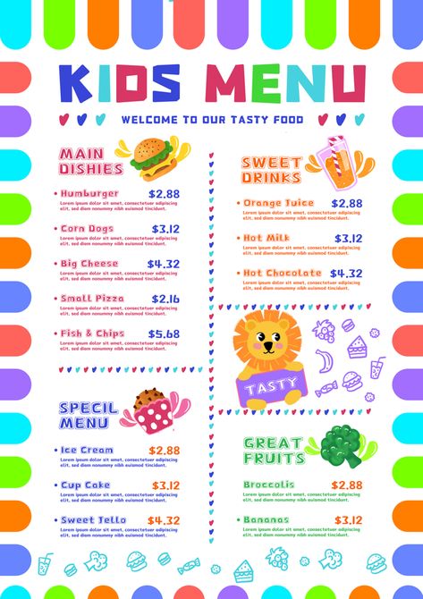 Kids Menu Ideas Restaurants, Kids Menu Ideas, Kids Menu Design, Christmas Menu Design, Play Menu, Menu Sans Gluten, Cafe Menu Design, Menue Design, Kids Cafe