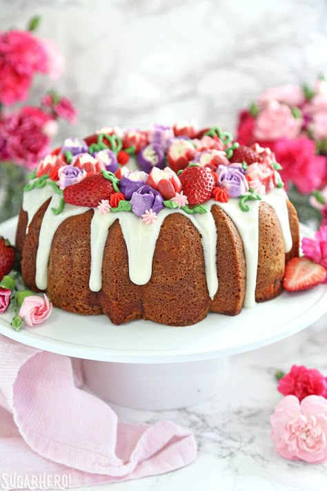 Strawberry Swirl Bundt Cake - SugarHero Pretty Bundt Cake, Spring Bundt Cake Recipes, Pretty Bundt Cakes, Bundt Cake With Strawberries, Bundt Cake Decorations, Swirl Bundt Cake, Easter Bundt Cake, Cake With Strawberries, Dessert Halloween