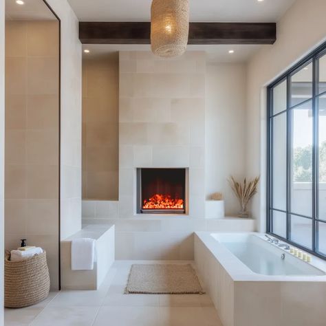 Water Vapor Fireplaces Turn Bathrooms Into Spa-Like Retreats - Men's Journal | Home Living Handbook Bathroom Fireplace Ideas, Home Systems, Bathroom Fireplace, Men's Journal, Bathroom Floor Plans, Water Vapor, Spa Bathroom, Tile Inspiration, Bathroom Spa