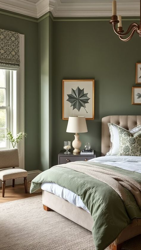 Sage Green and Cream Bedroom Pewter Green Bedroom, Sage And Cream Bedroom, Sage Green And Beige Bedroom, Dark Sage Green Bedroom, Tall Ceilings Bedroom, Sage Green And Cream Bedroom, Green And Beige Bedroom, Light Green Bedding, Green And Cream Bedroom