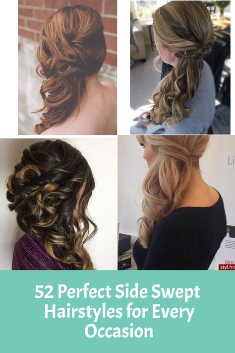 Hairstyle Pulled To One Side, How To Side Swept Hairstyles, Long Hair Side Hairstyles, Curly Hair To The Side Wedding, Side Hairdos For Long Hair, Side Style Updo, Half Up Half Down Hair Side Swept, One Side Formal Hairstyles, Wedding Hairstyles Side Swept Updo