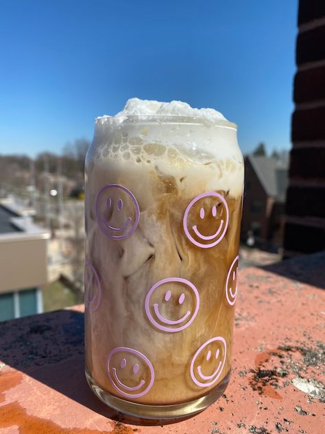 Purple Smiley Face Outline Glass Coffee Cup | Etsy Smiley Face Outline, Diy Glass Painting, Purple Smiley Face, Paint And Drink, Coffee Cup Photo, Face Outline, Glass Coffee Cups, Clay Art Projects, Cute Cups