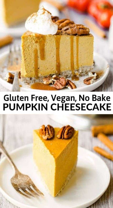 Vegan Pumpkin Cheesecake Recipe, Paleo Pumpkin Cheesecake, Vegan Pumpkin Cheesecake, Vegan Caramel Sauce, Cheesecake Easy, Bake Easy, No Bake Pumpkin Cheesecake, Pumpkin Cheesecake Recipes, Vegan Caramel