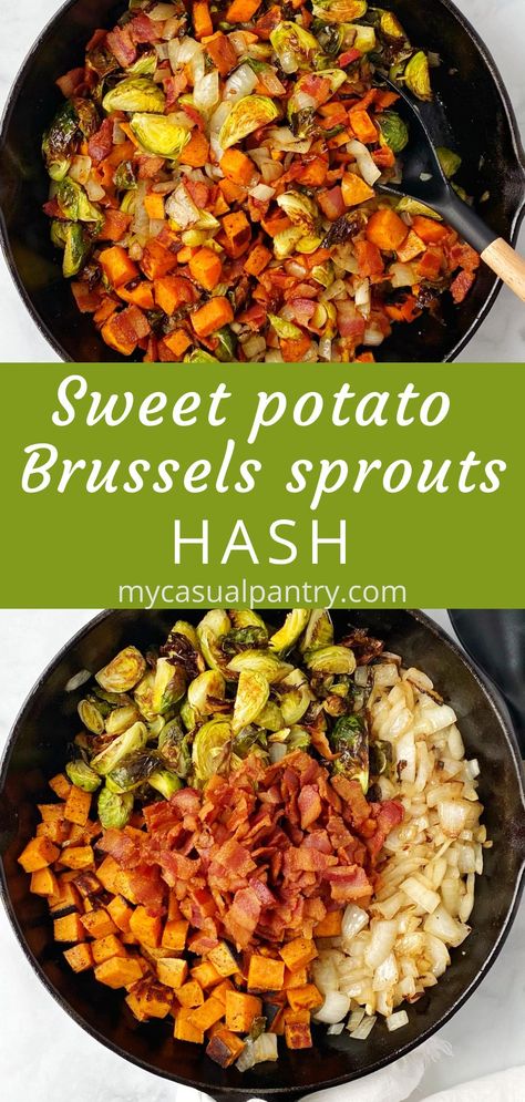 Chicken Bacon Sweet Potato, Sweet Potato Breakfast Meal Prep, Brussel Sprout And Sweet Potato Recipes, Brussel Sprouts And Sweet Potato Recipe, Sweet Potato Bacon, Sprouting Sweet Potatoes, Side Dish For Dinner, Gaps Recipes, Hash Recipe