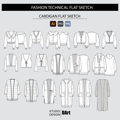 This is a digital template of a Cardigan Fashion Vector Flat Design. This is a correctly proportioned fashion flat sketch with all construction details accurately drawn and visible. The sketches are ready to use either as is or as a basis for your design development. The drawing can be recolored, adjusted, and edited as you need. The sketches are fully editable using Adobe Illustrator. This is a digital, INSTANT DOWNLOAD product. No item will be shipped. WHAT'S INCLUDED: . Vector flat sketch in How To Draw A Cardigan, Cardigan Flat Sketch, Cardigan Technical Drawing, Fashion Design Base, Types Of Jackets For Women, Cardigan Sketch, Cardigan Illustration, Flat Drawing Fashion, Cardigan Drawing