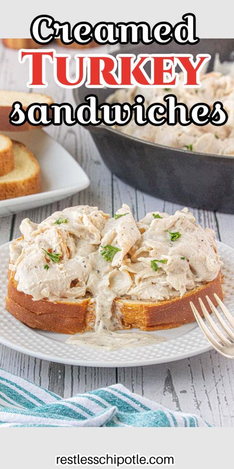 A 15-minute recipe!! Creamed turkey sandwiches with homemade gravy are a great way to use up leftover turkey. You can also make this easy meal with deli meat. Cream Turkey Recipe, Turkey Deli Meat Recipes, Creamed Turkey Recipe, Shredded Turkey Sandwiches, Deli Meat Recipes, Hot Turkey Sandwiches, Hawaii Cake, Creamed Turkey, Hot Sandwiches