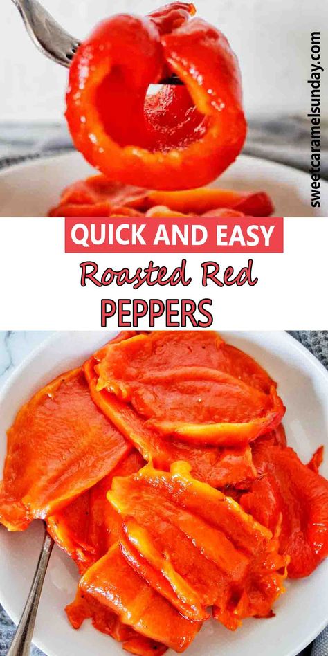 Fork holding roasted red peppers above white bowl of the same. Roast Red Peppers, Roast Red Peppers In Oven, How To Roast Bell Peppers In Oven, Roasted Capsicum Pasta, Roast Capsicum Salad, Roast Capsicum, Roasted Capsicum, Side Dish Recipes Easy, Roasted Peppers