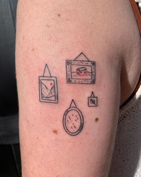 Renni on Instagram: “Art gallery for Carey, thank you sm 🧡🧡 The red barn in this piece was inspired by something my dad drew for me :)…” Framed Tattoo, Funky Tattoos, Tiny Tats, Handpoke Tattoo, Stick N Poke, Poke Tattoo, Tiny Tattoo, Dainty Tattoos, Stick And Poke