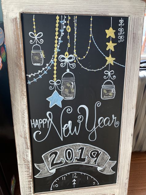 Chalkboard New Year, New Year’s Eve Chalkboard Art, New Year White Board, New Year Chalk Art, Happy New Year Chalkboard Art, New Years Chalkboard Art, January Chalkboard Art, January Chalkboard Ideas, New Year Chalkboard Art