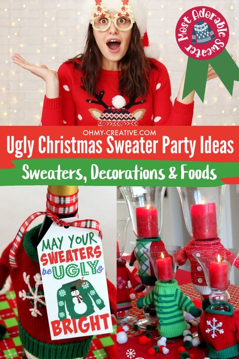 For many people, ugly Christmas sweaters are the highlight of the holiday season. Here you will find great Ugly Christmas Sweater Party Ideas including plenty of ugly sweaters, homemade ugly Christmas sweaters and ideas for hosting an ugly Christmas sweater party! Find ugly Christmas sweater party printables, Christmas sweater food ideas and sweater party decorations - so many great Christmas party ideas! Ugly Sweater Games Christmas Parties, Ugly Christmas Sweater Party Food, Ugly Sweater Food Ideas, Ugly Christmas Sweater Party Ideas Decor, Ugly Christmas Sweater Party Ideas Food, Ugly Christmas Sweater Party Decorations, Ugly Christmas Sweater Party Games, Ugly Sweater Party Decorations, Ugly Sweater Party Food