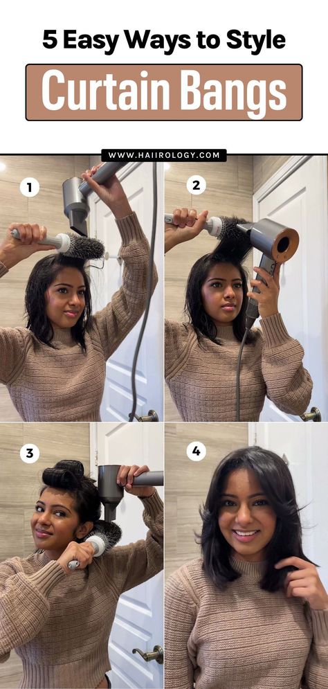 Struggling to style your curtain bangs just right? My blog post shares 5 ways to style curtain bangs perfectly every time! Whether you’re looking for voluminous bangs with rollers, polished bangs with a round brush, or sleek bangs with a flat iron, I’ve got the hair styling techniques you need. Plus, I’ll cover how to blend your bangs with beach waves or curls. Ready to style your curtain bangs? Head to the blog now for easy and flawless styling tips! Style Your Curtain Bangs, Perfect Curtain Bangs, Ways To Style Curtain Bangs, Voluminous Bangs, Blowout Hair Tutorial, Hair Color Guide, Find Hairstyles, Curling Iron Hairstyles, Flat Irons