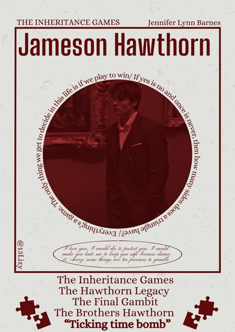 Jameson Hawthorn- the inheritance games- Jennifer Lynn Barnes- book poster The Inheritance Games Poster, The Inheritance Games Characters, The Inheritance Games Aesthetic, The Inheritance Games Fanart, Inheritance Trilogy, Book Reading Journal, Book Posters, Reading Journal, Minimalist Poster