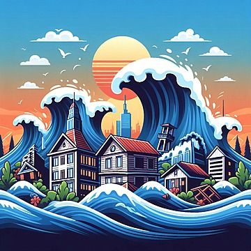 Natural Disasters Drawing, Tsunami Illustration, Gradient Architecture, Disaster Poster, Tsunami Image, Natural Disasters Art, Natural Disasters Floods, Fairy Background, Tourism Design