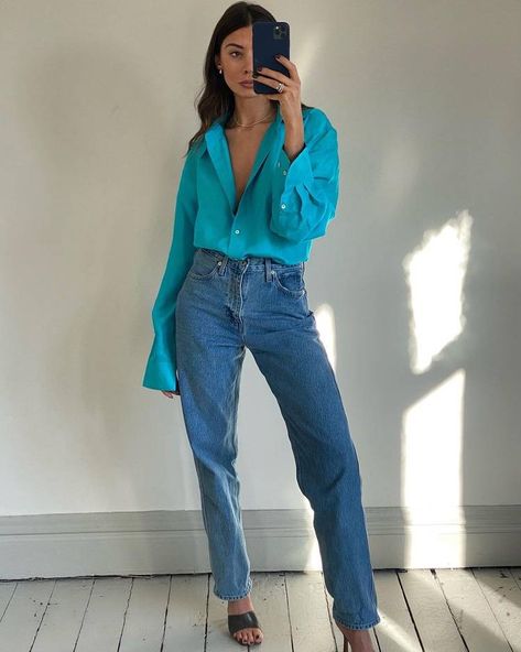 10 Bright-Shirt Outfits You'll Immediately Want to Wear | Who What Wear UK Zara Poplin Shirt, Wardrobe Fails, Satin Slip Skirt, Lightweight Blazer, Slip Skirts, Striped Long Sleeve Tee, Reformation Dress, Loose Jeans, Fashion People