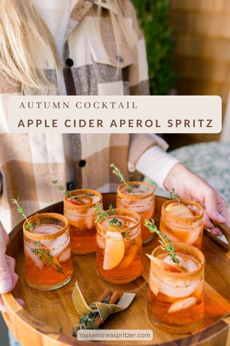 Apple Cider Aperol Spritz ... You're Invited to an Autumn Progressive Dinner - Make Mine a Spritzer Cider Aperol Spritz, Autumn Aperol Spritz Recipe, Apple Cider Aperol Spritz Recipes, Apple Aperol Spritz, Autumn Batch Cocktail, Fall Aperol Cocktail, Autumn Coctails Recipes, Apple Cider Spritzer, Apple Cider Aperol Spritz