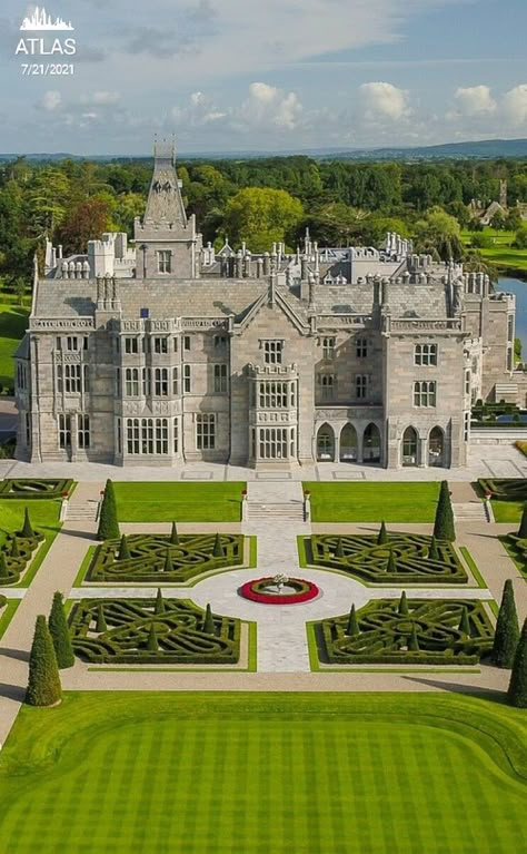 Adare Manor is a manor house located on the banks of the River Maigue in the village of Adare, County Limerick, Ireland, the former seat of the Earl of Dunraven and Mount-Earl. The present house was built in the early 19th century, though retaining some of the walls of the 17th-century structure. It is now the Adare Manor Hotel & Golf Resort, a luxury hotel, and contains the Michelin-starred Oak Room restaurant. Adare Manor, Ashford Castle, Limerick Ireland, Chateau Medieval, Castle Mansion, Castle Aesthetic, European Castles, English Manor, Visit Ireland