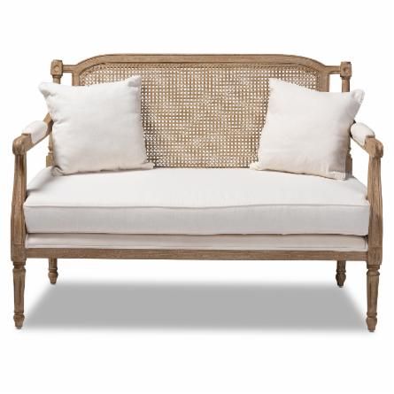 Baxton Studio Clemence French Provincial Upholstered Loveseat | Hayneedle Rustic Loveseat, French Aristocrat, Wood Loveseat, Wood Armchair, Whitewashed Wood, Ivory Fabric, Wood Arm Chair, Baxton Studio, Wood Sofa