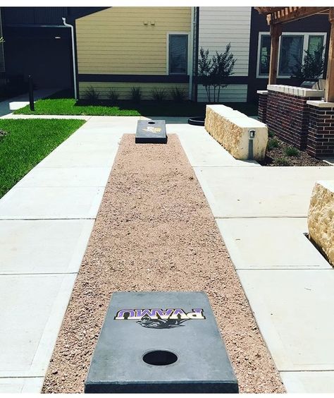 Concrete Cornhole Boards - Bean Bag Toss Game Cornhole Area Ideas, Concrete Cornhole Boards, Backyard Cornhole Ideas, Cornhole Landscaping, Cornhole Playing Area, Outdoor Cornhole Court, Backyard Cornhole Court, Backyard Corn Hole Area, Cornhole Court Backyard Ideas