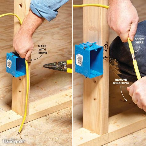 Strip Cable Sheathing First - It's tempting to push your roughed-in cable through the knockouts in the box and worry about how to strip the sheathing later. But that's the hard way. It's much easier to remove the sheathing before you push the wires into the box. The only trick is to make sure you have the cable in about the right spot before marking it (left) and removing the sheathing (right). As long as you don't have the cable stretched tight, there will be enough “play” to make final adj... Garage Projects, Basic Electrical Wiring, Home Electrical Wiring, The Family Handyman, Handy Man, Electrical Code, House Wiring, Electrical Projects, Diy Electrical