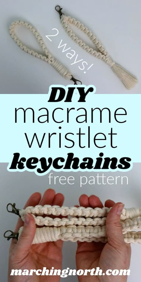 Learn two different ways to make this useful and beautiful macrame wristlet keychain! These are great for those times when you're bringing in groceries but need to keep your keys handy- includes step by step tutorial, free pattern and video | useful macrame projects | macrame for beginners | easy macrame patterns | DIY macrame keychain Macreme Gifts, Small Macrame Projects Free Pattern, Macrame Keychain Tutorial Step By Step, Free Macrame Patterns For Beginners, Macrame For Beginners Tutorials, Beginner Macrame Projects, Keychain Diy Easy, Macrame Things, Macrame Wristlet Keychain