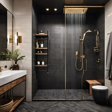 Black Vertical Tile Bathroom, Guest Bathroom Ideas Shower Tub Combo, Dark Shower Bathroom Ideas, Wood Tile Shower Black Floor, Bathroom Ideas Stand Up Shower Tile, Mixed Tile Bathroom Wall, Bathroom Dark Grey Cabinets, Dark Stone Shower Ideas, Gothic Master Bath