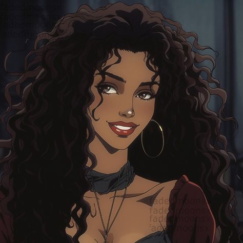 Anime Character Design Black Hair, Curly Hair Character Art, Curly Cartoon Character, Curly Hair Icons Cartoon, Curly Haired Characters, Cartoon Profile Pics Curly Hair, Latina Character Design, Curly Hair Cartoon, Worst Tattoos