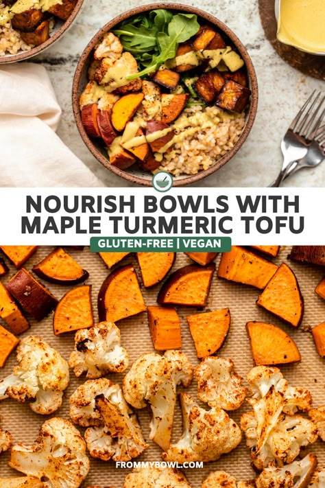 Turmeric Tofu, Veggie Rice Bowl, Nourish Bowls, Fluffy Rice, Creamy Dressing, Tofu Dishes, Vegan Bowls, Veggie Bowl, Tofu Recipes