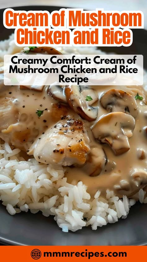 Elevate your dinner menu with this creamy and savory cream of mushroom chicken and rice dish. A family favorite in every bite! 🍗🍚 #OnePotMeal #FamilyDinnerIdeas #ComfortFood #HomemadeRecipes #EasyCooking" Cream Of Mushroom Rice, Campbells Chicken And Rice, Chicken Mushroom Rice, Mushroom Rice Recipes, Chicken Mushroom Casserole, Cream Of Mushroom Chicken, Chicken Mushrooms, Crockpot Chicken Breast, Creamy Chicken And Rice