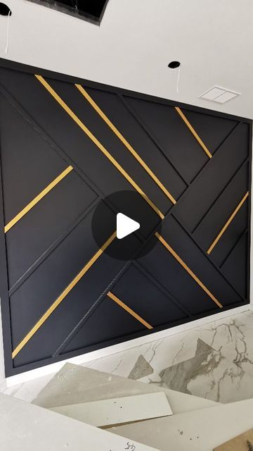 Broken Skull Designs on Instagram: "Black 🖤 + Gold 💛 Geometric Accent Wall for this Toronto dentist 🦷 office Follow us for more @brokenskulldesigns . . . . #interiordesign #design #interior #sing #featurewall #home #decor #interiors #homedesign #wallart #interiordesigner #yyz #decoration #interiordecor #interiorstyling #dentist #reflection #ottawa #torontodentist #inspiration #canadian #toronto #realestate #instagood #style #fifthharmony #architect #designinspiration #interiordecorating #accentwall" Office Highlight Wall, Gold And Black Accent Wall, Black And Gold Wall Design, Black Wall Gold Accents, Black And Gold Accent Wall Living Room, Accent Wall Paneling Ideas, Geometric Accent Wall Ideas, Gold Tape Wall Design, Modern Feature Wall Ideas