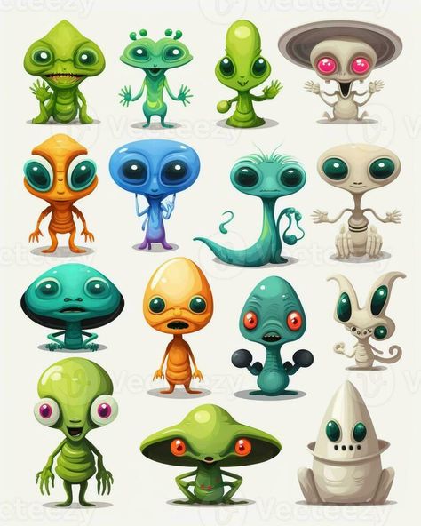 cartoon alien characters with different expressions and expressions. generative ai. Cartoon Alien, Alien Cartoon Character, Cute Alien Character, Chibi Alien, Alien Character Design Cute, Alien Vector, Space Drawings, Alien Character, Wood Burning Art