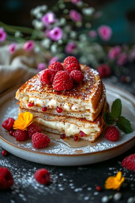 French toast sandwich filled with cream cheese and topped with fresh raspberries and powdered sugar. Stuffed French Toast Bake, French Bakery Aesthetic, French Toast Aesthetic, Filled French Toast, Desayunos Aesthetic, Stuffed French Toast Recipe, French Toast Recipes, Art Retreat, French Toast Bake Recipe