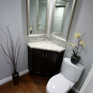 Powder Room Design Ideas, Pictures, Remodel and Decor Traditional Powder Room, Corner Vanity, Diy Basement, Small Basements, Corner Sink, Small Bathroom Ideas On A Budget, Small Remodel, Basement Bathroom, Half Bathroom