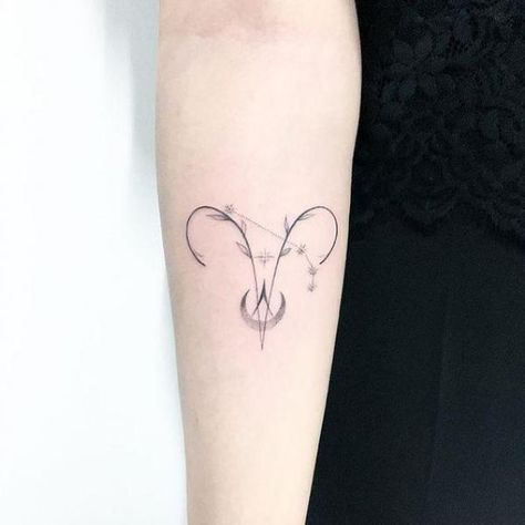 Vine Aries glyph and constellation with moon tattoo Feminine Aries Tattoo, Aries Hand Tattoos For Women, Aries Symbol Tattoos For Women, Elegant Aries Tattoo, Aries Glyph Tattoo, Aries Tattoo For Women Constellation, Aries Glyph, Feminine Aries Ram Tattoo, Aries Tattoo Designs