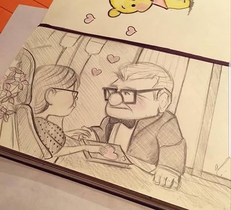 Up Carl Y Ellie, Easy Disney Drawings, Disney Drawings Sketches, Animation Art Sketches, Cartoon Sketches, Cute Doodles Drawings, Pinturas Disney, Cute Easy Drawings, Romantic Art