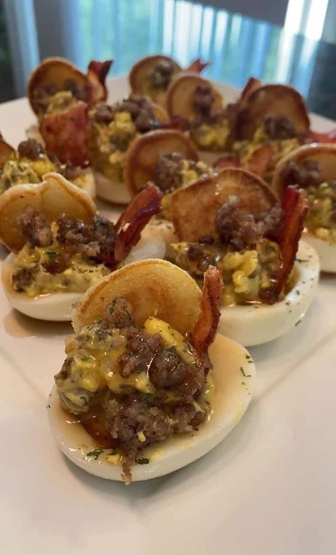 Breakfast Deviled Eggs, Pancake Sausage, Deviled Eggs Easy, Bacon Deviled Eggs, Bacon Sausage, Classic Breakfast, Mini Pancakes, Deviled Eggs Recipe, Brunch Dishes