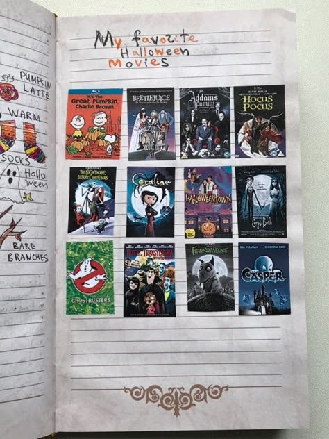 Halloween Diary Ideas, Journal Halloween Ideas, Fav Movies Journal, Halloween Sketchbook Ideas, Halloween Journal Pages, Journal Ideas Movies, Halloween Scrapbook Pages, Journal Ideas Halloween, Aesthetic Journal Ideas Vintage