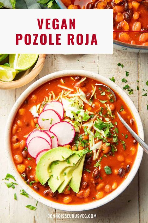 My vegan pozole rojo is made with an intensely flavorful base of blended chiles and spices, hearty black and pinto beans, and hominy. It is so hearty, and the taste will blow you away! Vegetarian Posole Recipe, Vegan Posole Recipe, Vegetarian Pozole Recipe, Vegan Pozole Recipe, Vegan Pozole, Posole Recipe, Pozole Recipe, Mexican Soup Recipes, Vegan Lasagna