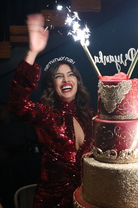 Celebrity Birthday Outfits, Priyanka Chopra Birthday, Red Birthday Dress, Brothers Song, Confident Fashion, Celebrity Summer Style, Girl Emoji, Shimmery Dress, Confident Style