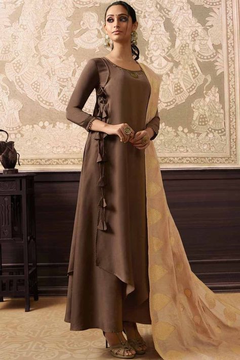 Brown Kurti Combination, Colour Combination Suits, Kurti Combination, Brown Kurti, Brown Anarkali, Brown Colour Combination, Raya Dress, Eid Dress, Straight Suit