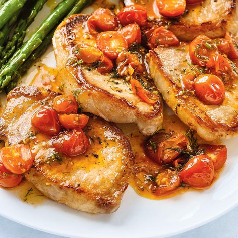 Seared Pork Chops with Wilted Tomatoes | Ricardo Pork Chops Tomatoes, Pork Chops Cherry Tomatoes, Tomato Pork Chop Recipes, Pork Chop Recipes With Tomatoes, Pork Chop And Tomato Recipes, Pork Tomato Recipe, Pork Chop Tomato Recipe, Pork And Tomatoes Recipe, Pork Chops With Tomatoes