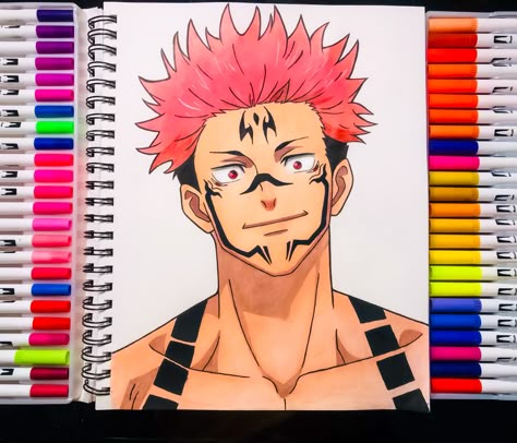 Sukuna Drawing Color, Anime Color Pencil Art Drawings, Anime Marker Drawings, How To Draw Sukuna, Anime Drawing With Color, Sukuna Painting, Anime Drawing Coloured, Anime Sketch Colored, Drawing Ideas With Color