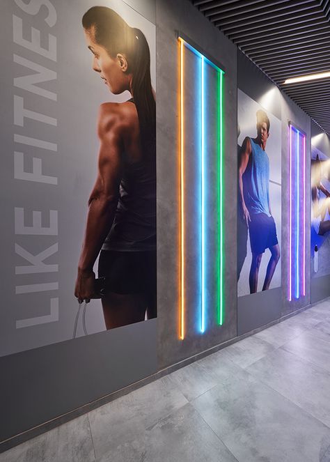 Like Fitness on Behance Commercial Gym Design, Fitness Center Design, Small Home Gym Ideas, Urban Fitness, Clubhouse Design, Gym Lighting, Gym Design Interior, Gym Wall Decal, Gym Room At Home